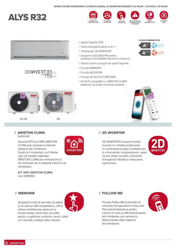 APARAT AER CONDITIONAT ARISTON ALYS INVERTER R32 2D C 25 MUD0, 9000BTU, CULOARE ALB, CLASA DE EFICIENTA ENERGETICA A++