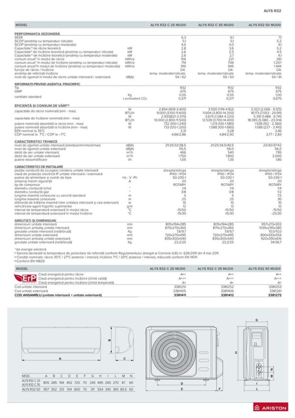 APARAT AER CONDITIONAT ARISTON ALYS INVERTER R32 2D C 25 MUD0, 9000BTU, CULOARE ALB, CLASA DE EFICIENTA ENERGETICA A++