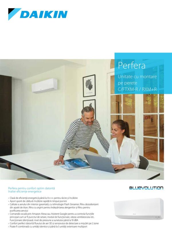 APARAT AER CONDITIONAT DAIKIN PERFERA, 21000BTU FTXM60A+RXM60A, PUTERE RACIRE=7.0KW;PUTERE INCALZIRE= 8.0 KW BLUEVOLUTION CULOARE ALB, CLASA DE EFICIENTA ENERGETICA A+++ , INCLUDE TELECOMANDA