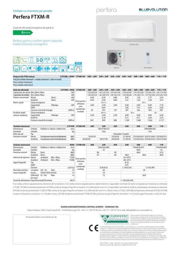 APARAT AER CONDITIONAT DAIKIN PERFERA, 21000BTU FTXM60A+RXM60A, PUTERE RACIRE=7.0KW;PUTERE INCALZIRE= 8.0 KW BLUEVOLUTION CULOARE ALB, CLASA DE EFICIENTA ENERGETICA A+++ , INCLUDE TELECOMANDA