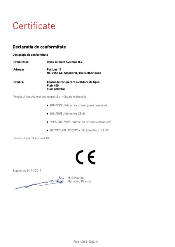 CENTRALA DE VENTILATIE 400M3/H 2/2 L CU RECUPERARE DE CALDURA FLAIR 400 - CERTIFICAT DE INSTITUTUL DE CASE PASIVE DARMSTADT, GERMANIA