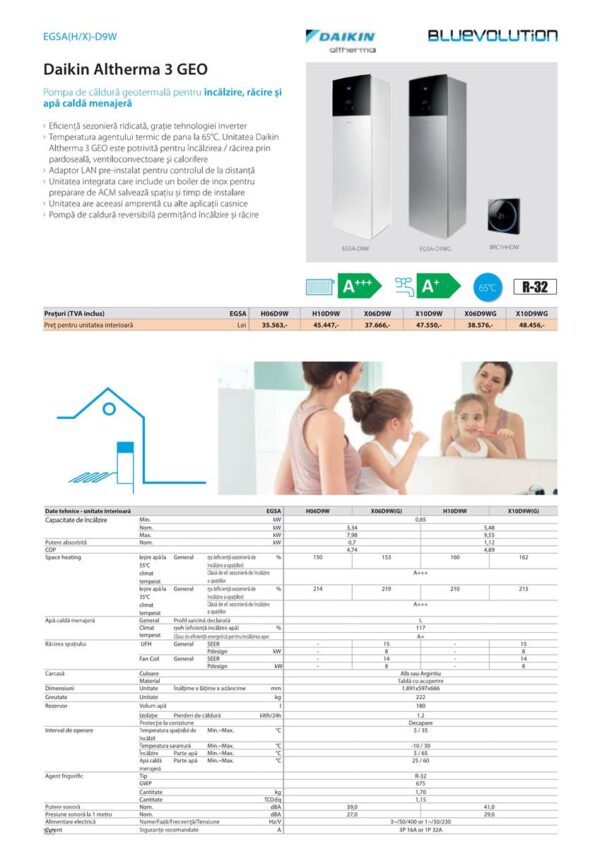 POMPA DE CALDURA GEOTERMALA DAIKIN ALTHERMA 3 GEO, DOAR INCALZIRE, 10kW, REZERVOR APA CALDA MENAJERA 180 LITRI,  CULOARE ALB, MODEL BLUEVOLUTION