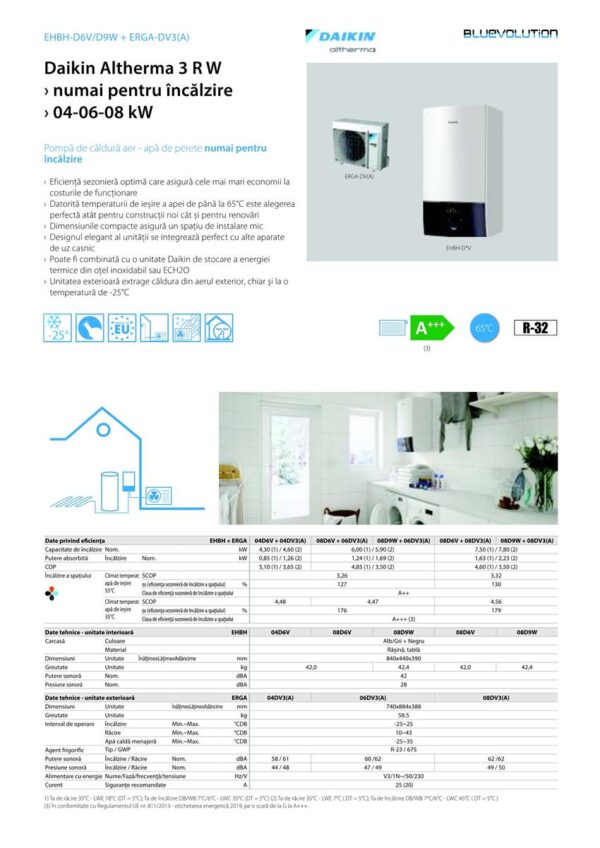 POMPA DE CALDURA AER-APA DAIKIN ALTHERMA 3 RW, 8kW, INCALZIRE, MONTAJ PERETE, 230V, R-32, INCALZITOR DE REZERVA DE 6kW